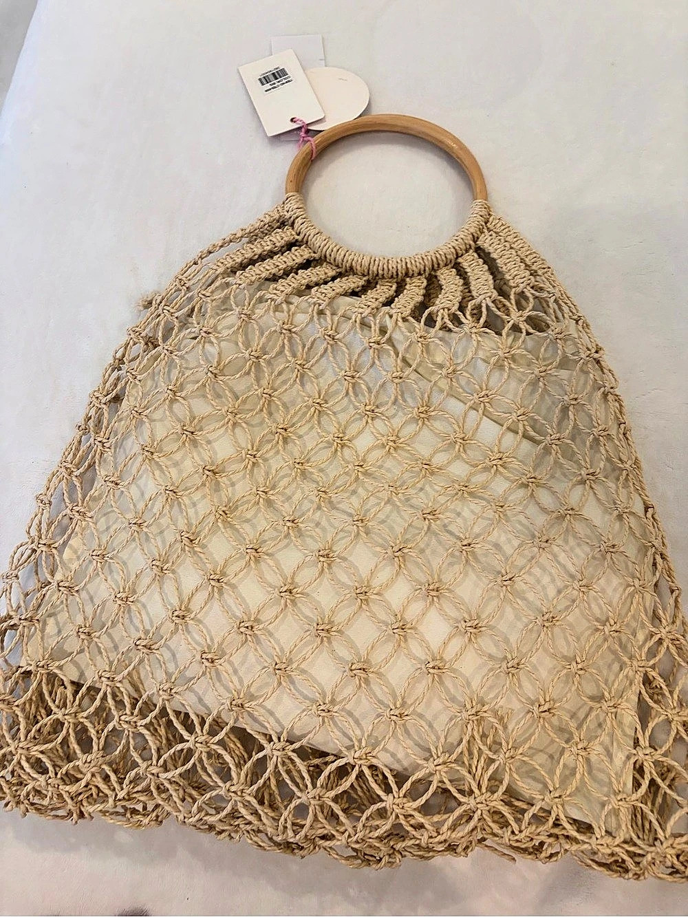 Vegan Crochet Mesh Shoulder Bag in Beige NWT